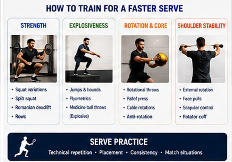How to train for a faster serve: strength, explosiveness, rotation and core, shoulder stability and serve practice