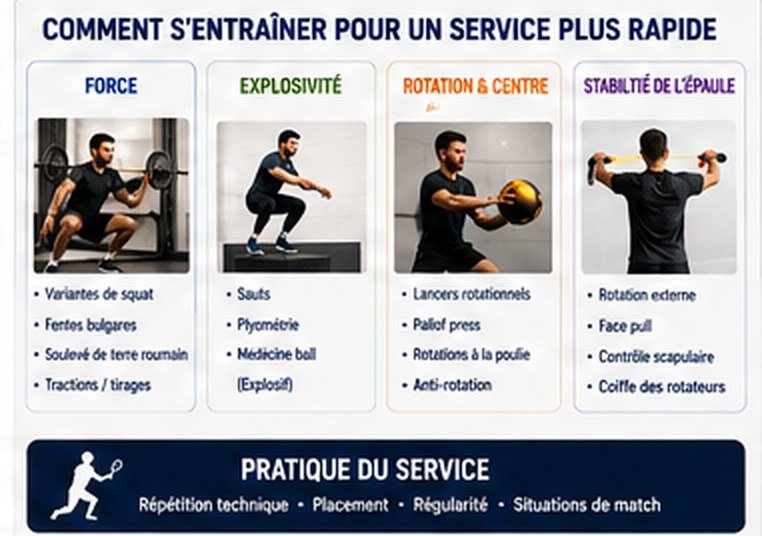 Comment s'entraîner pour un service plus rapide : force, explosivité, rotation et centre, stabilité de l'épaule et pratique du service