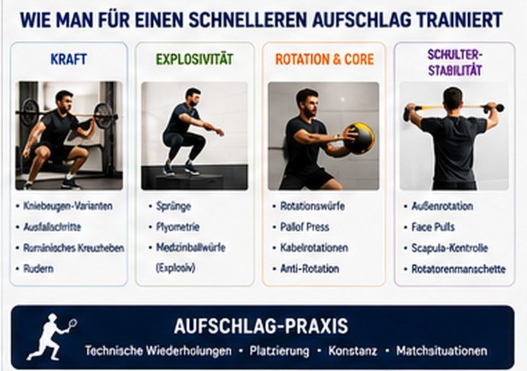 Wie man für einen schnelleren Aufschlag trainiert: Kraft, Explosivität, Rotation und Core, Schulterstabilität und Aufschlagpraxis
