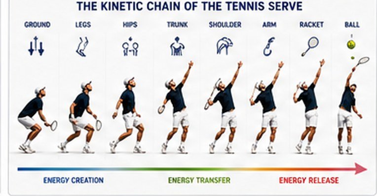 The kinetic chain of the tennis serve: ground → legs → hips → trunk → shoulder → arm → racket → ball