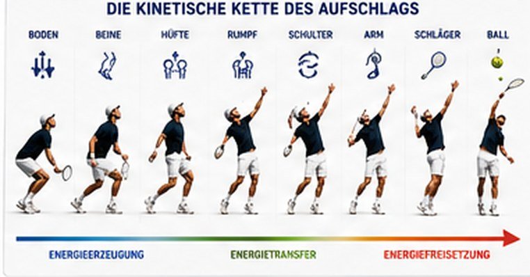 Die kinetische Kette des Aufschlags: Boden → Beine → Hüfte → Rumpf → Schulter → Arm → Schläger → Ball