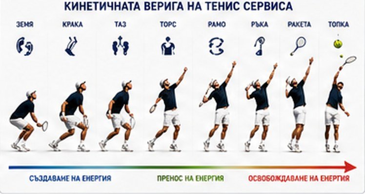 Кинетичната верига на сервиса: земя → крака → таз → торс → рамо → ръка → ракета → топка