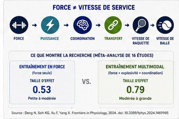 La force n’est pas la vitesse de service : force → puissance → coordination → transfert → vitesse de raquette → vitesse de balle