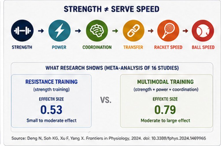 Strength is not serve speed: strength → power → coordination → transfer → racket speed → ball speed