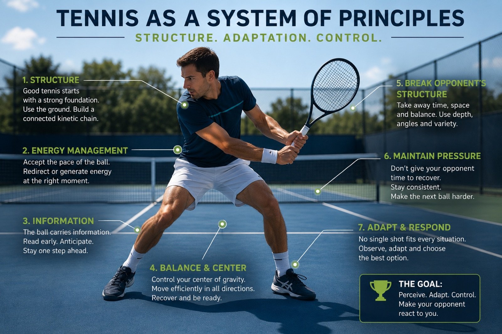 Tennis as a system of principles: structure, adaptation and control