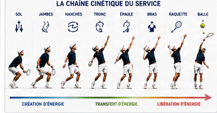 La chaîne cinétique du service : sol → jambes → hanches → tronc → épaule → bras → raquette → balle