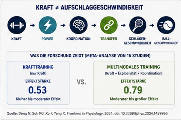 Kraft ist nicht gleich Aufschlaggeschwindigkeit: Kraft → Power → Koordination → Transfer → Schlägergeschwindigkeit → Ballgeschwindigkeit